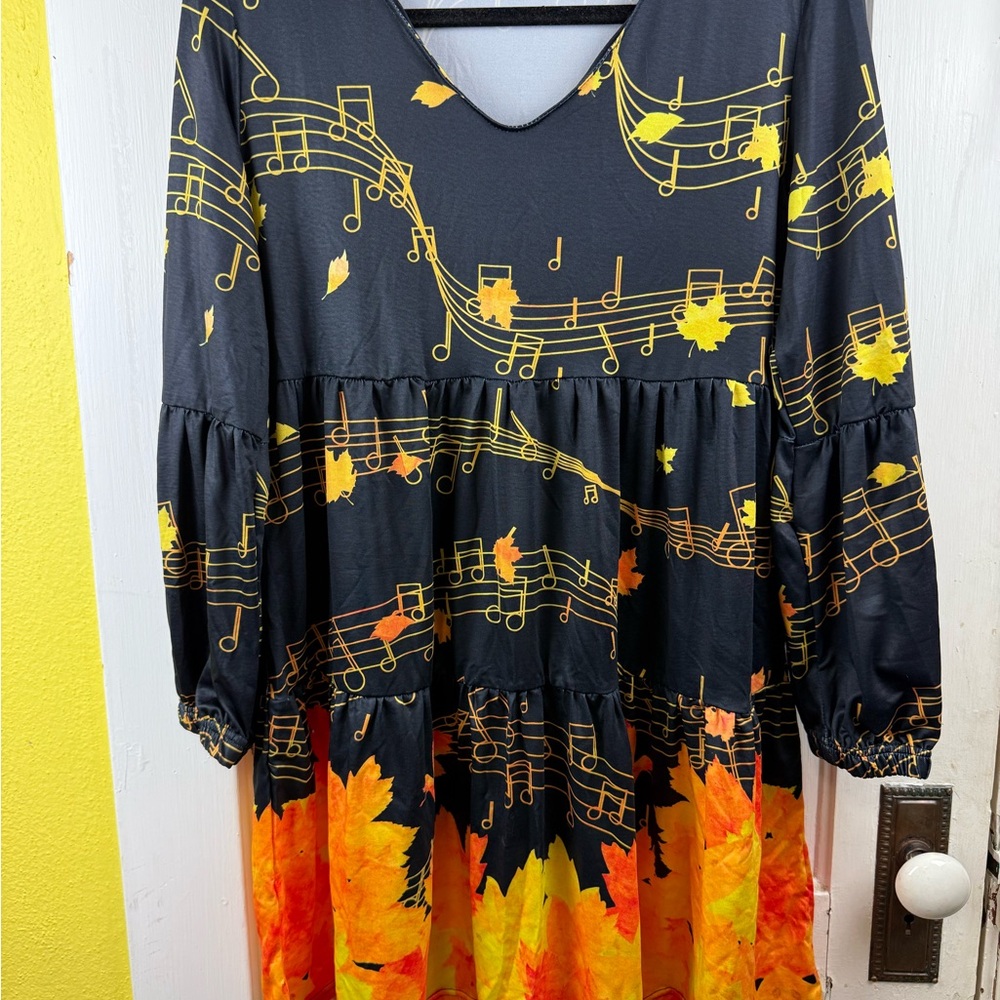 Musical Notes and Leaves Navy and Orange Dress